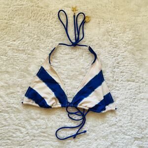 American Eagle | Y2K Blue and White Striped Halter Bikini Top Gold Shell Charms